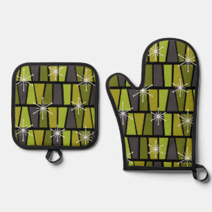 Geometric MCM Abstract Olive Green Oven Mitt & Pot Holder Set