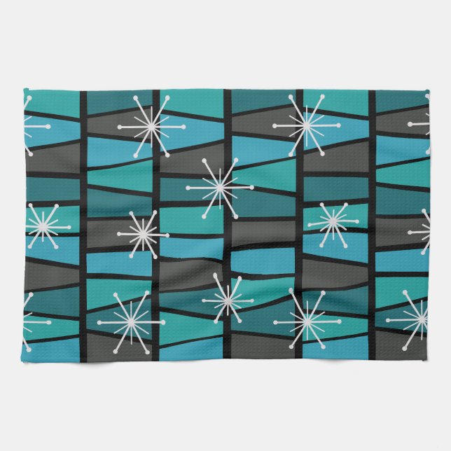 Geometric MCM Abstract Turquoise Teal Tea Towel (Horizontal)