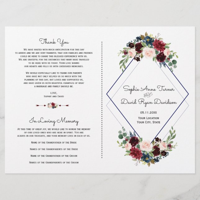 Geometric Merlot Navy Blue Floral Wedding Program (Front)