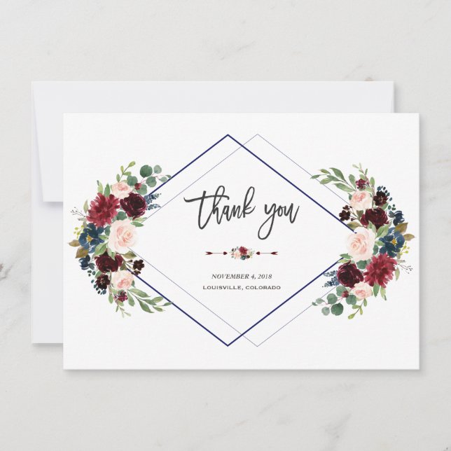 Geometric Merlot Navy Floral Wedding Thank you Card (Front)