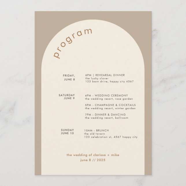 Geometric Minimal Sand Arch Wedding Timeline Program (Front)