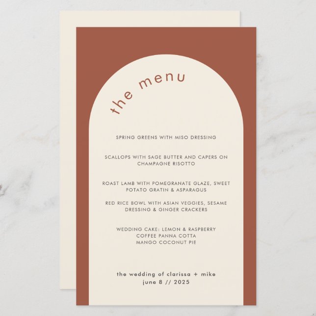 Geometric Minimal Terracotta Arch Wedding Menu (Front/Back)