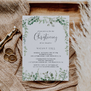 Geometric Minimalist Eucalyptus Christening  Invitation