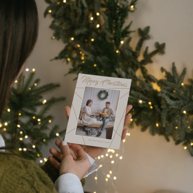 Geometric Mocha Beige Merry Christmas Family Photo Holiday Card (Creator Uploaded)