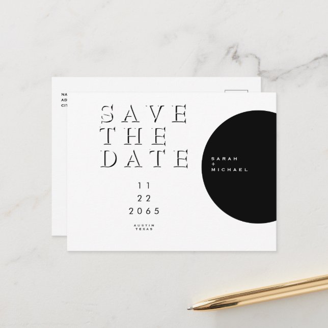 Geometric Modern Black & White Save the Date Announcement Postcard (Front/Back In Situ)