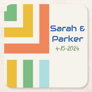 Geometric Modern Colour block Wedding Yellow Square Paper Coaster