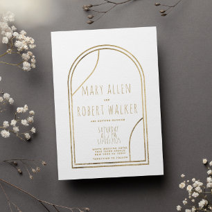 Geometric modern gold arch white classy wedding invitation