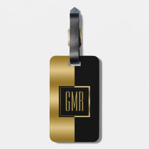 Geometric Modern Gold & Black Stripe Monogram Luggage Tag