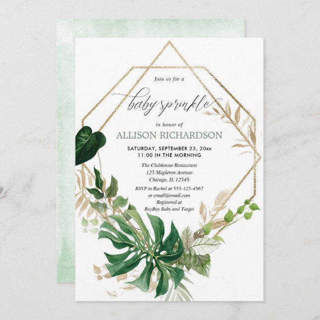 Geometric modern greenery gold baby sprinkle invitation (Front/Back)