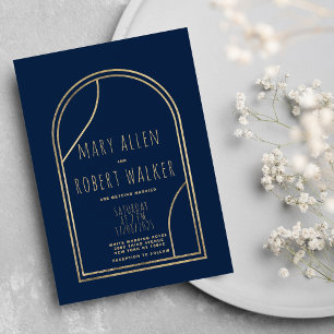 Geometric modern navy blue gold classy wedding invitation
