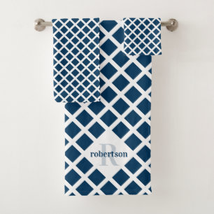 Geometric Modern Navy Blue Pattern Monogram Bath Towel Set