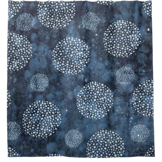 Geometric Modern Shibori Indigo Blue Shower Curtain (Front)