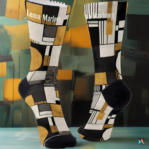 Geometric Modernist in Black and Gold customisable Socks