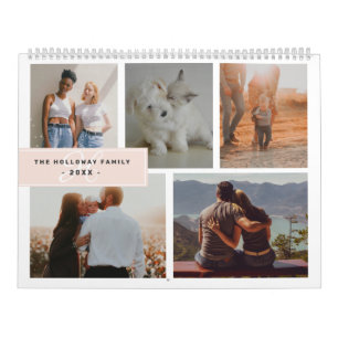 Geometric monogram name blush 17 photo collage calendar