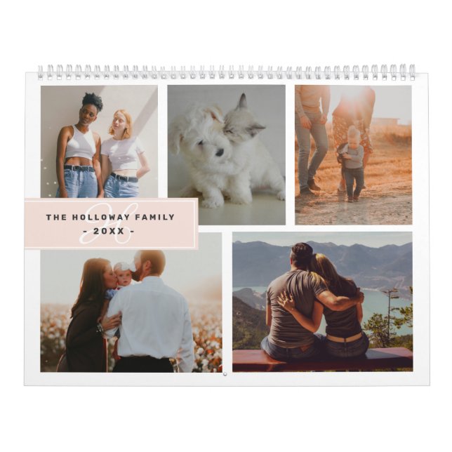 Geometric monogram name blush 17 photo collage calendar (Cover)