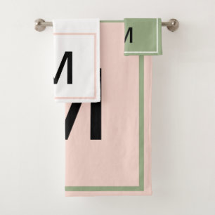 Geometric Monogram Pink Green White Stripes Bath Towel Set