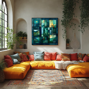 Geometric Moonlit Landscape Art – Teal and Green Poster