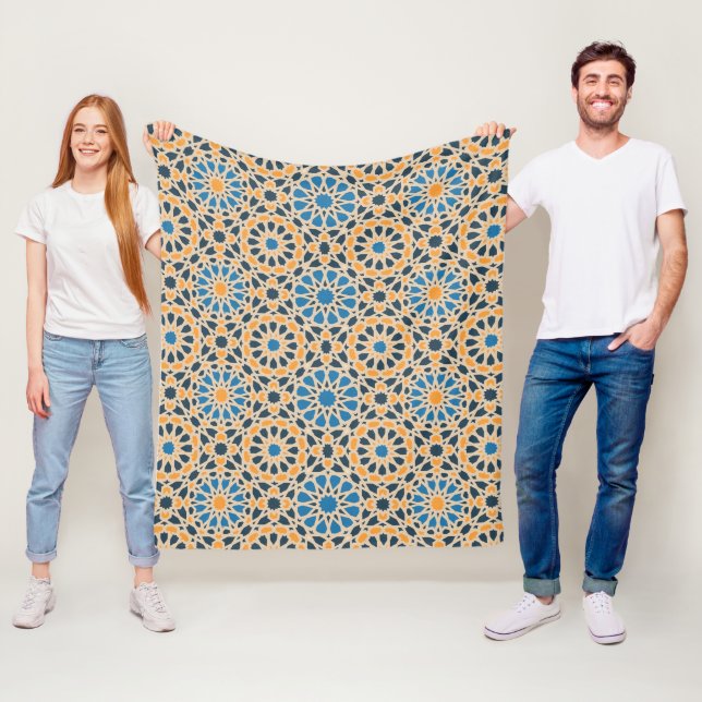 Geometric Moroccan Tile & Orange Pattern Fleece Blanket (In Situ)