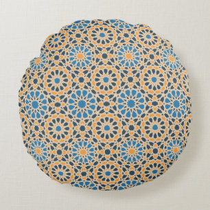 Geometric Moroccan Tile & Orange Pattern Round Cushion