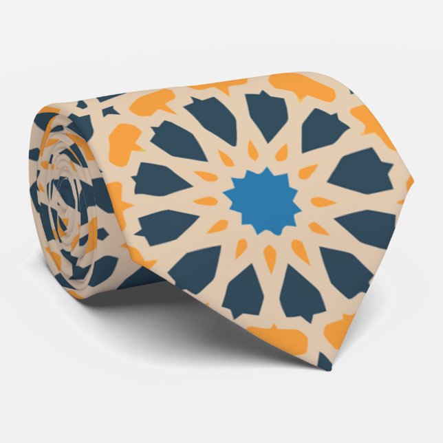 Geometric Moroccan Tile & Orange Pattern Tie (Rolled)