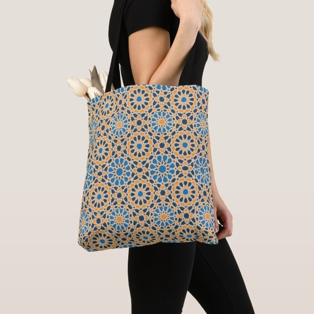 Geometric Moroccan Tile & Orange Pattern Tote Bag (Close Up)