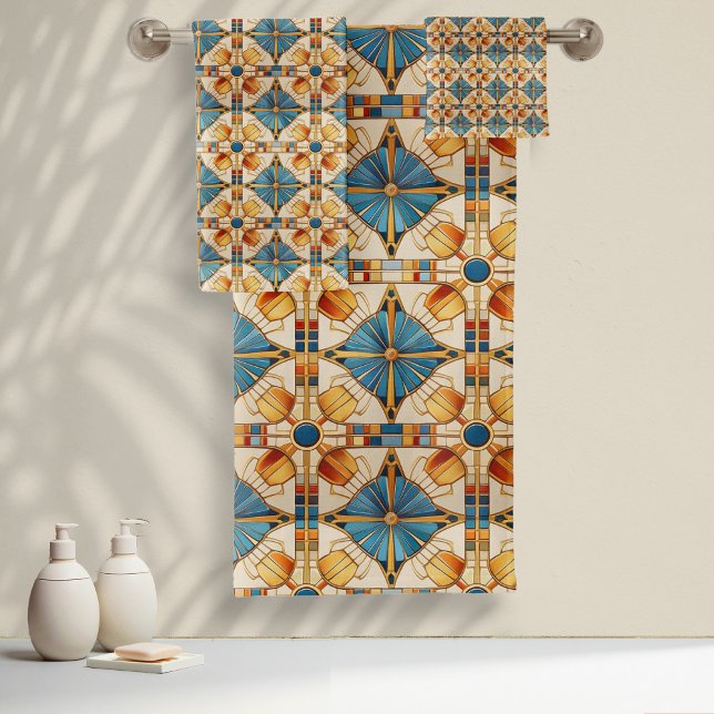 Geometric Moroccan Tile Pattern#1 Teal Gold ID1077 Bath Towel Set (Creator Uploaded)