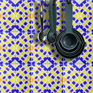 Geometric Mosaic Blue Orange Yellow Pattern  Ceramic Tile