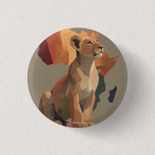 Geometric Mosaic Lioness with Stylised Africa Map  3 Cm Round Badge