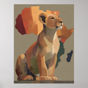 Geometric Mosaic Lioness with Stylised Africa Map Poster