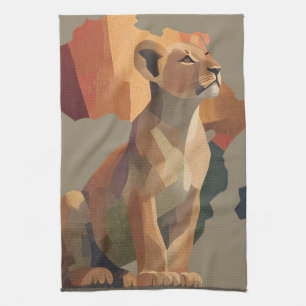 Geometric Mosaic Lioness with Stylised Africa Map Tea Towel