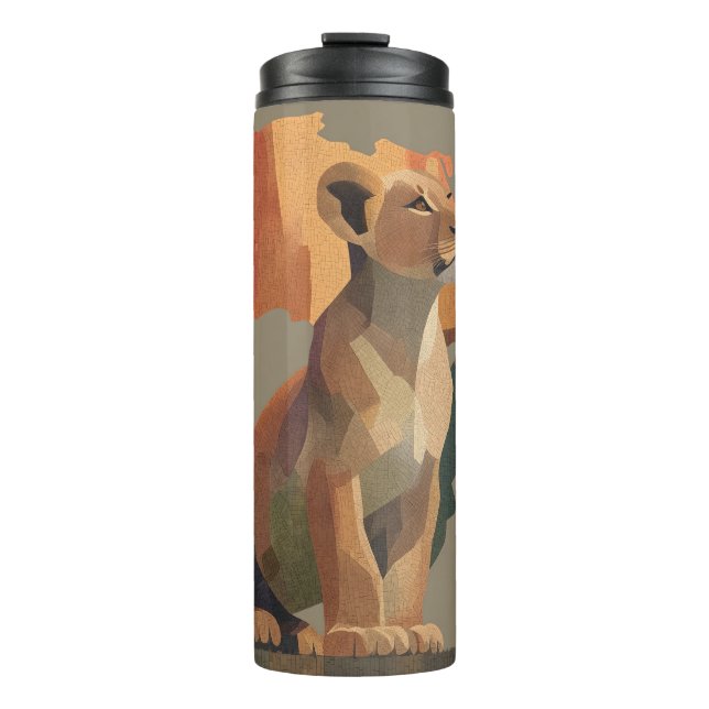 Geometric Mosaic Lioness with Stylised Africa Map  Thermal Tumbler (Front)