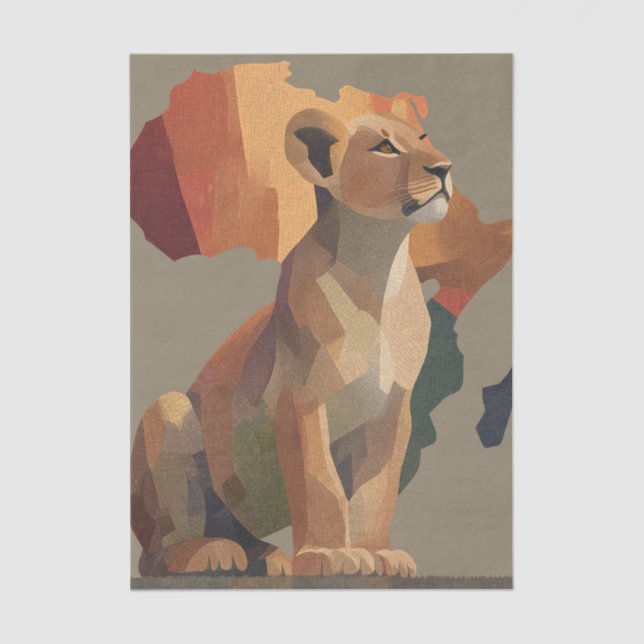 Geometric Mosaic Lioness with Stylised Africa Map  Tissue Paper (Front)