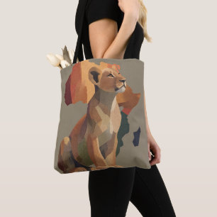 Geometric Mosaic Lioness with Stylised Africa Map  Tote Bag
