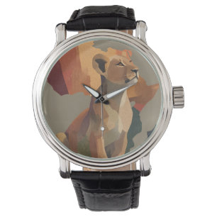 Geometric Mosaic Lioness with Stylized Africa Map Watch