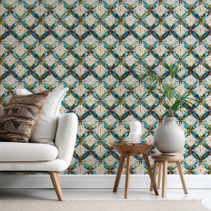 Geometric Mosaic Tile Pattern#5 Teal White ID1078 Wallpaper