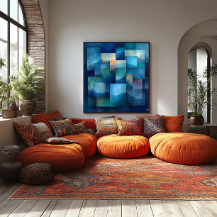 Geometric Mountain Landscape Art – Blue and Teal Poster