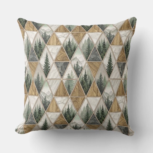 Geometric Mountain & Pine Forest Tile Pattern Art Cushion (Front)