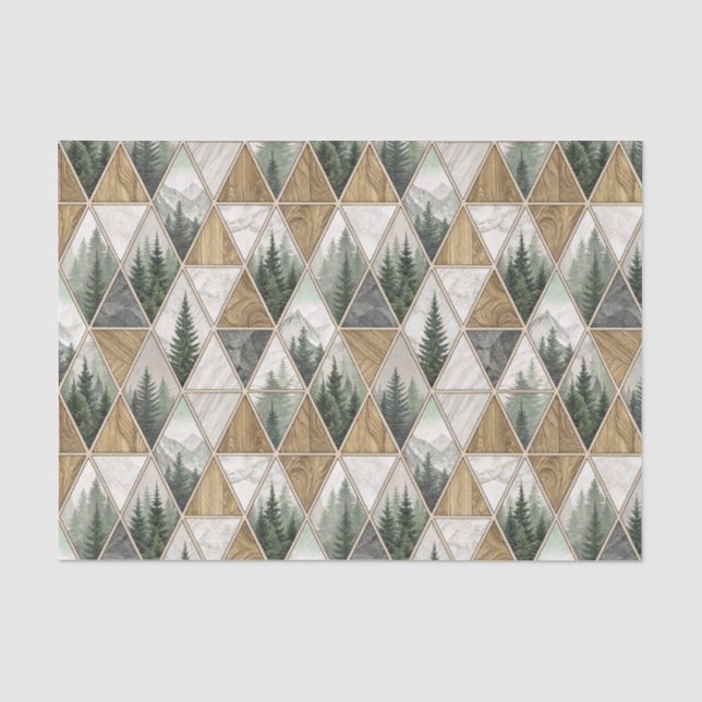 Geometric Mountain & Pine Forest Tile Pattern Art Tissue Paper (Front)