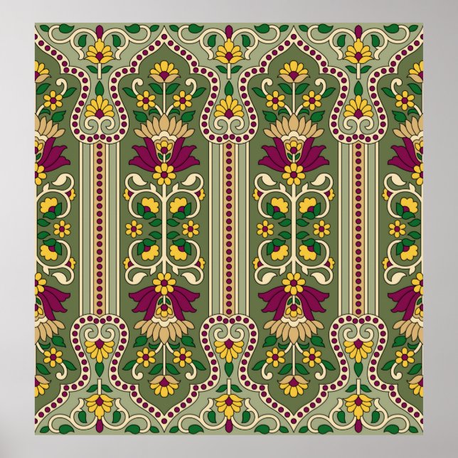 Geometric Mughal Paisley pattern on green backgrou Poster (Front)