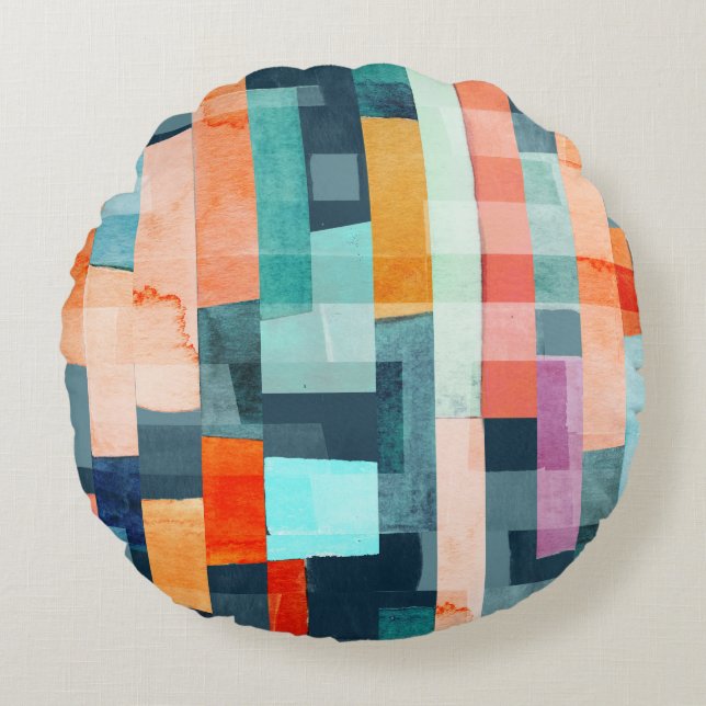 Geometric multicolor stripes, trendy pattern. round cushion (Front)