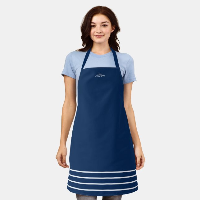 Geometric Navy Blue and White Monogram Apron (Worn)