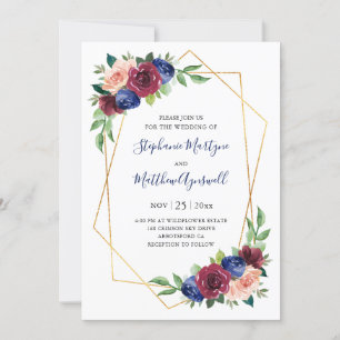 Geometric Navy Blue Burgundy Blush Floral Wedding Invitation