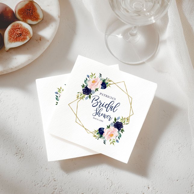 Geometric Navy Blue Gold Floral Bridal Shower Napkin (Creator Uploaded)