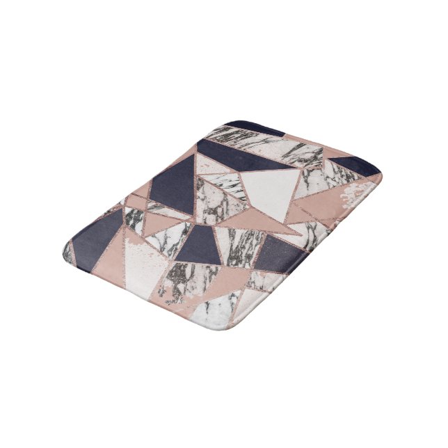 Geometric Navy Blue Peach Marble and Rose Gold Bath Mat (Angled)