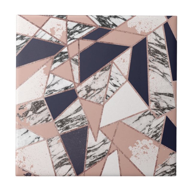 Geometric Navy Blue Peach Marble and Rose Gold Ceramic Tile (Front)