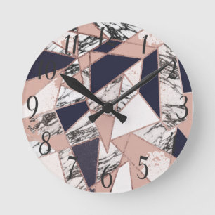 Geometric Navy Blue Peach Marble and Rose Gold Round Clock