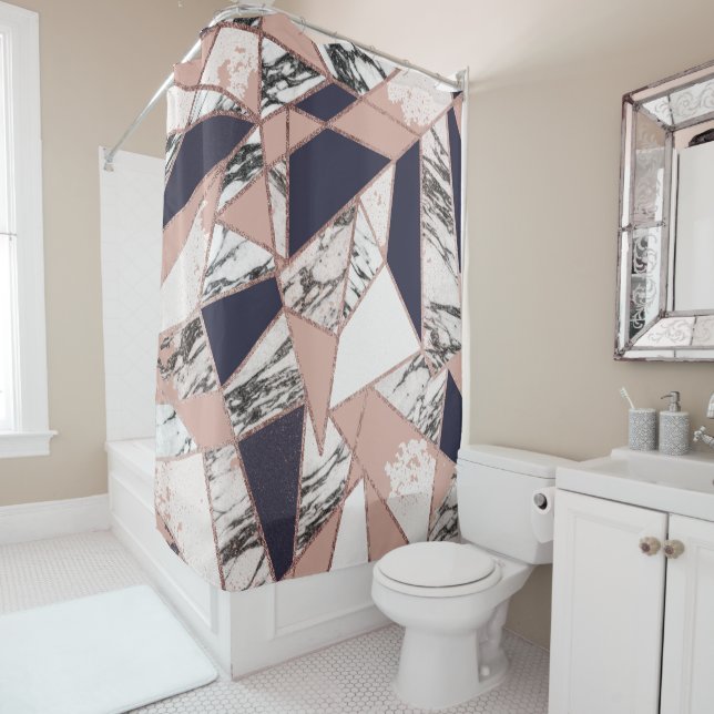 Geometric Navy Blue Peach Marble and Rose Gold Shower Curtain (In Situ)