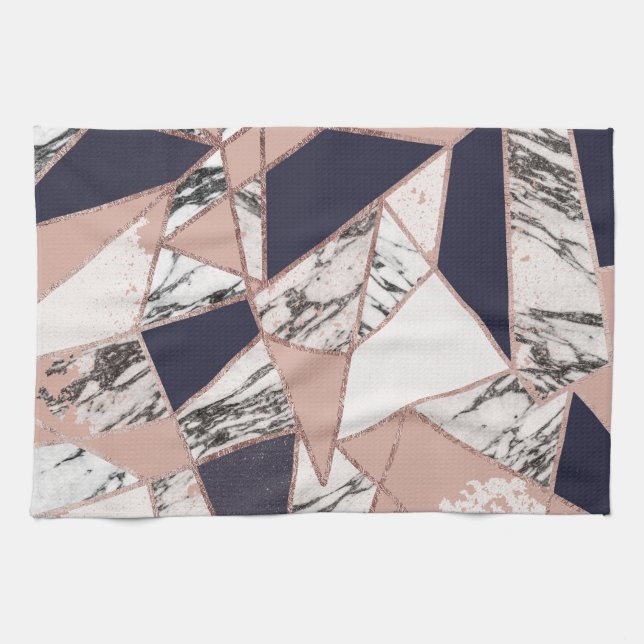 Geometric Navy Blue Peach Marble and Rose Gold Tea Towel (Horizontal)