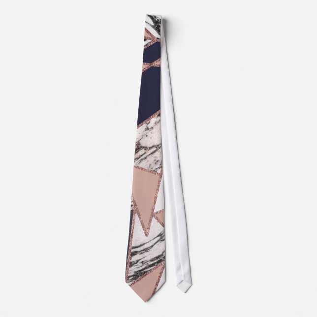 Geometric Navy Blue Peach Marble and Rose Gold Tie (Front)