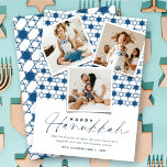 Geometric Navy Blue Stars Of David Hanukkah Photo Holiday Card<br><div class="desc">This modern Hanukkah card features 3 instant photo collage on a background pattern of geometric stars pattern. The greeting is a mix typography of a trendy handwriting script and simple sans serif text. The 'Happy Hanukkah' greeting and background can be changed to any colour of your choice. Designed / original...</div>